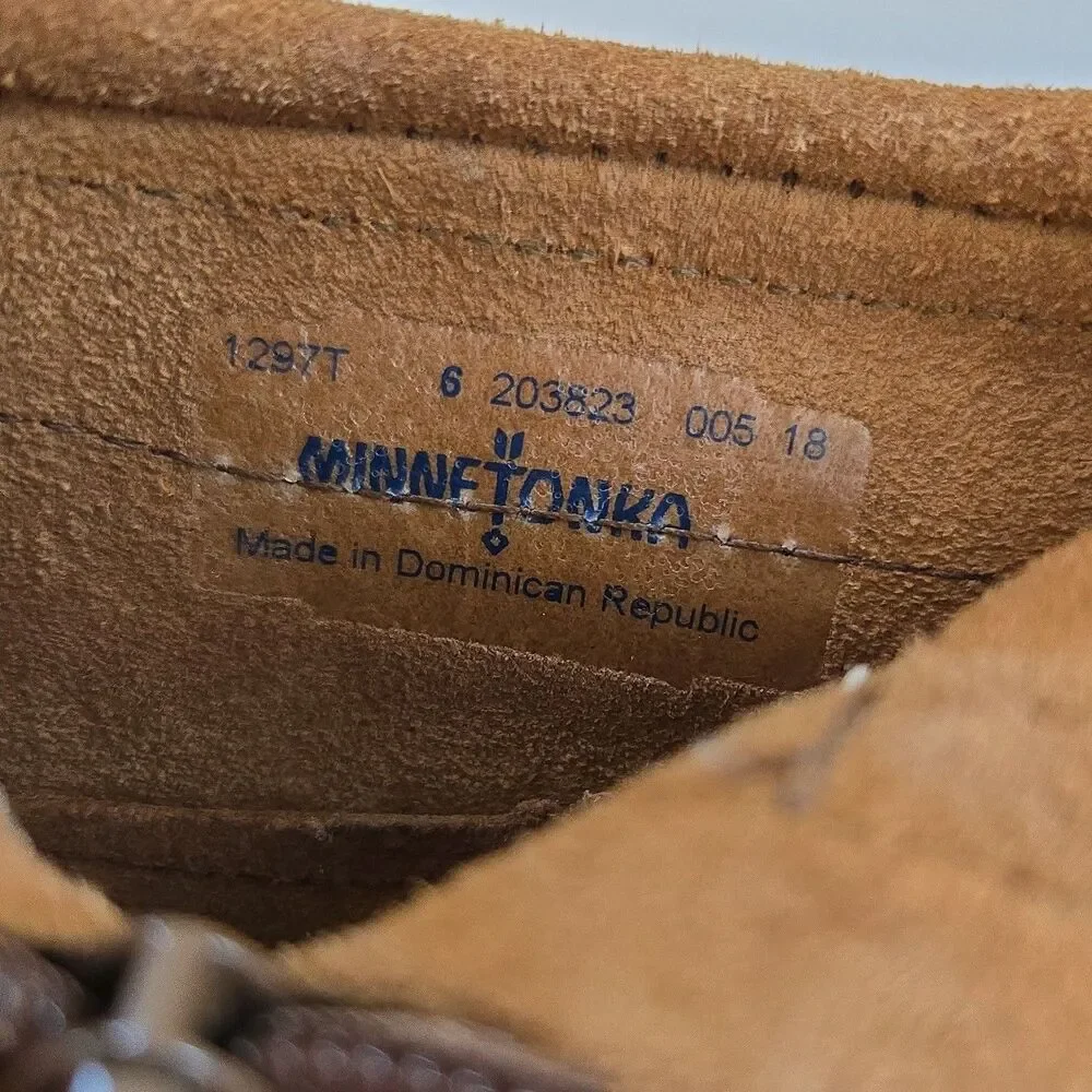 Minnetonka Kids Size 6 Double Fringe Moccasins Bootie Brown Leather Side Zipper
